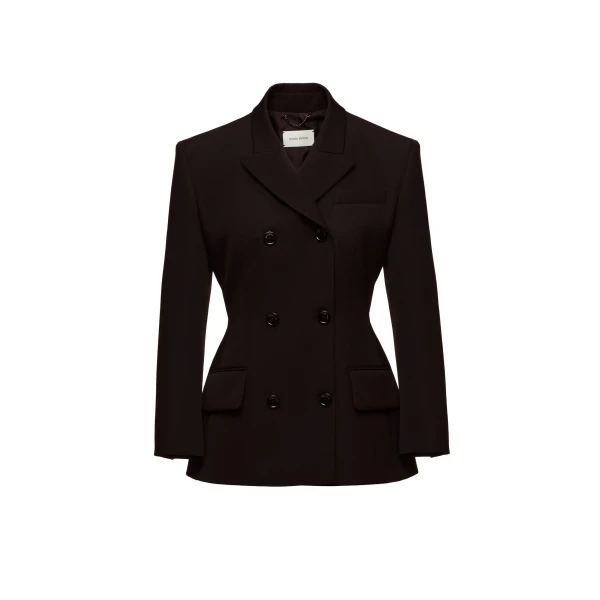Double-breasted wool tailored blazer in dark brown