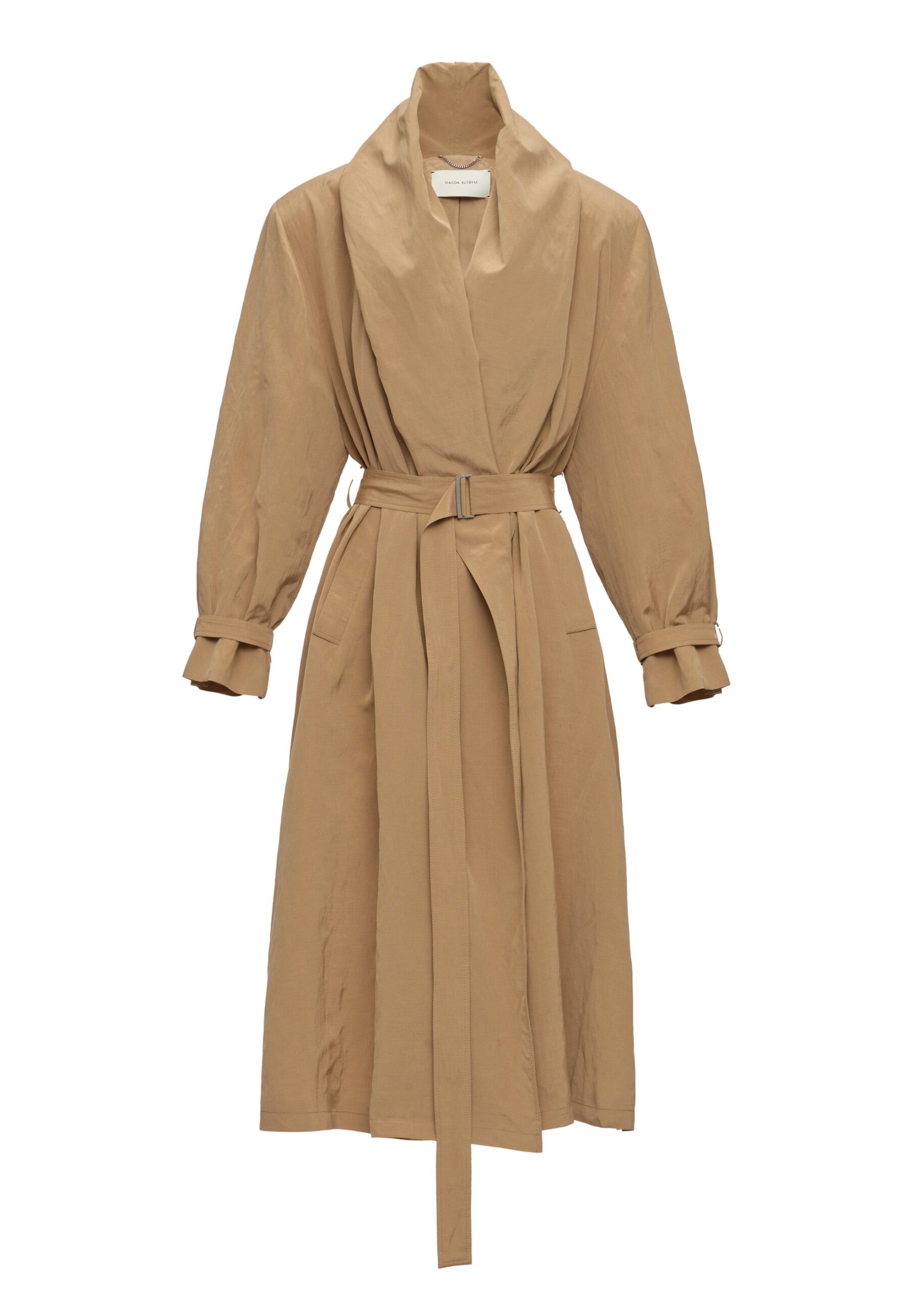 Magda Butrym Draped collar viscose and linen trench in beige | Luxury Shoes Magda Butrym Draped collar viscose and linen trench in beige