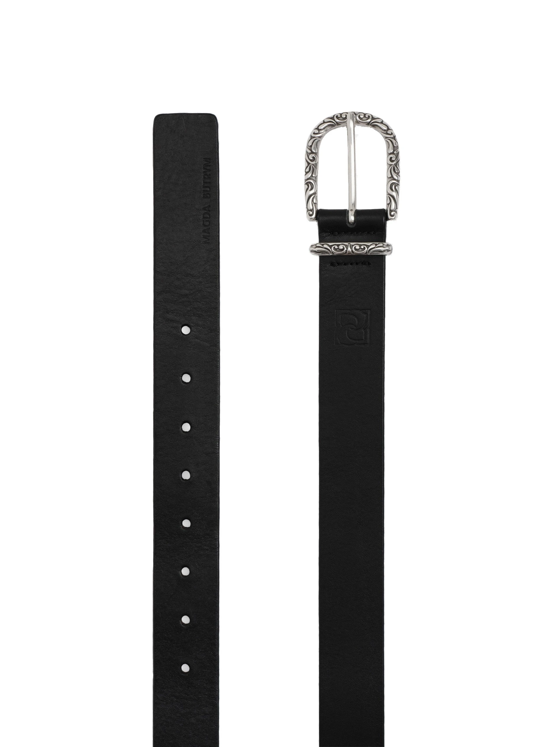 Magda Butrym Engraved buckle leather belt in black and silver | Luxury Shoes Magda Butrym Engraved buckle leather belt in black and silver
