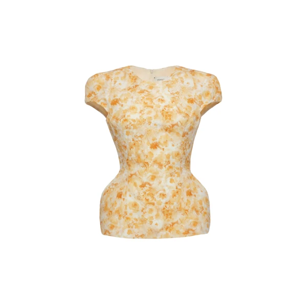 Fitted blouse with padded silhouette in yellow print