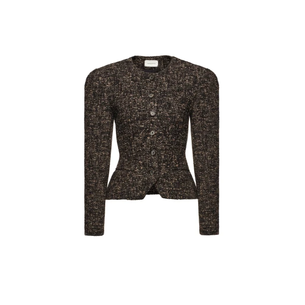 Fitted bouclé peplum blazer in brown