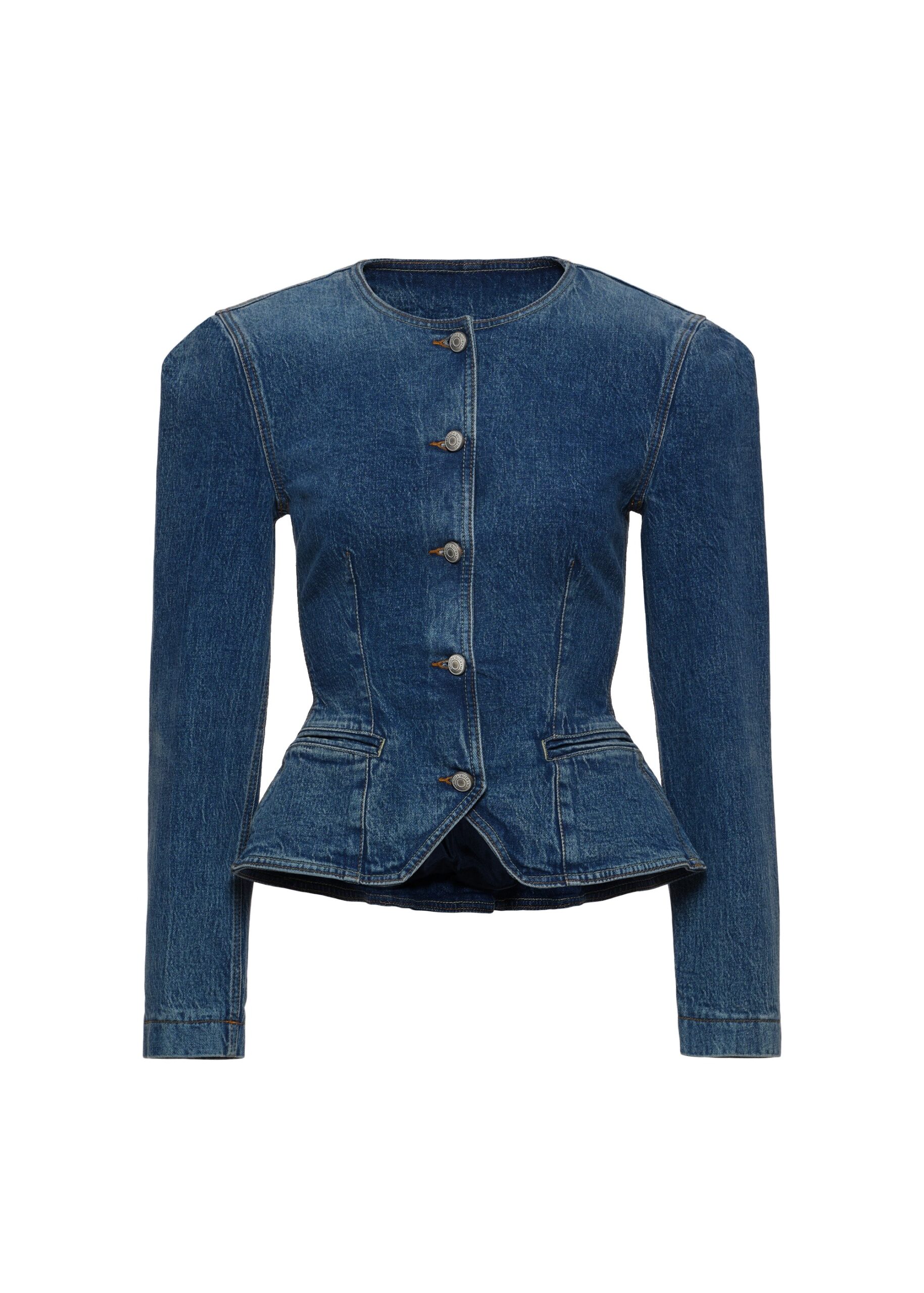 Magda Butrym Fitted denim peplum jacket in blue | Jackets at Luxury Shoes Magda Butrym Fitted denim peplum jacket in blue