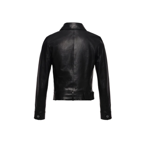 Fitted leather jacket with waist belt in black - Image 2