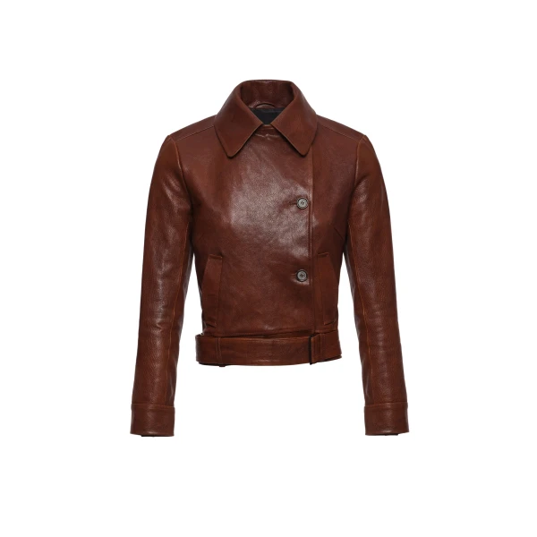 Fitted leather jacket with waist belt in brown