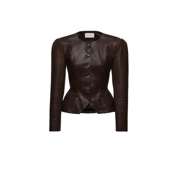 Fitted leather peplum jacket in brown