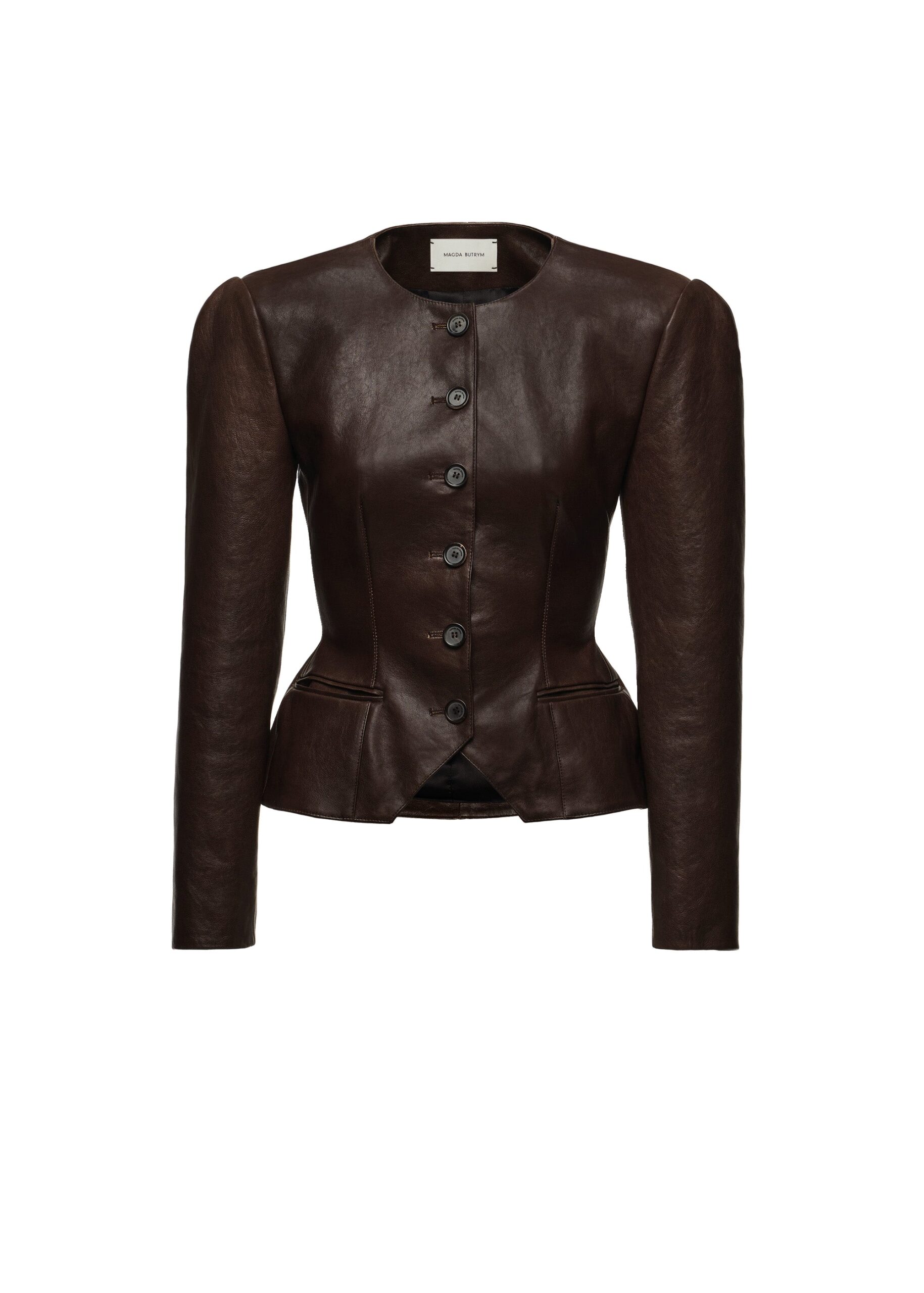 Magda Butrym Fitted leather peplum jacket in brown | Luxury Shoes Magda Butrym Fitted leather peplum jacket in brown
