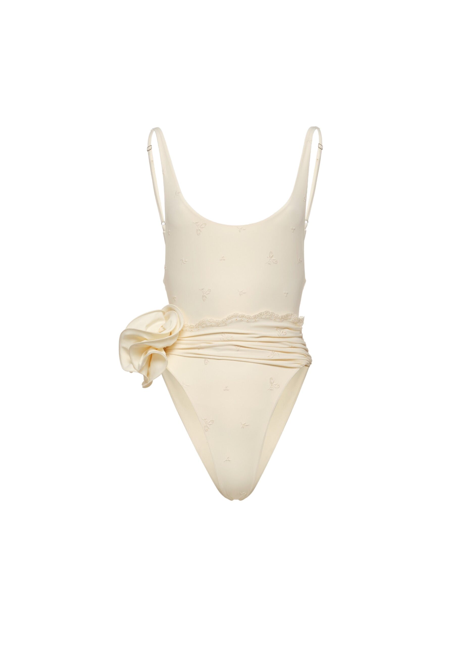 Magda Butrym Flower scoop neck swimsuit in cream with embroidered roses | Luxury Shoes Magda Butrym Flower scoop neck swimsuit in cream with embroidered roses
