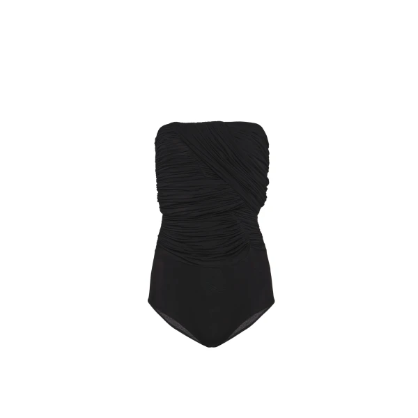 Gathered bodysuit with draped overlays in black