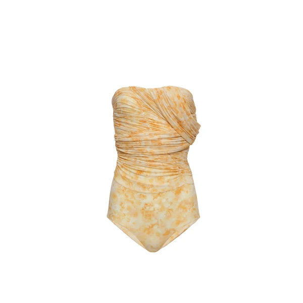 Gathered bodysuit with draped overlays in yellow print