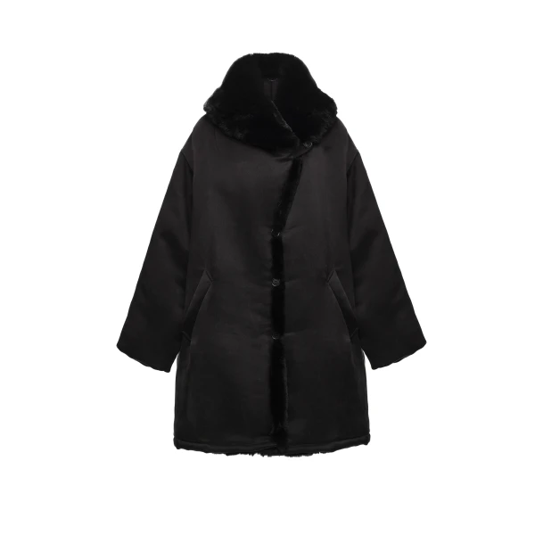 Magda Butrym Insulated silk coat with faux fur collar in black