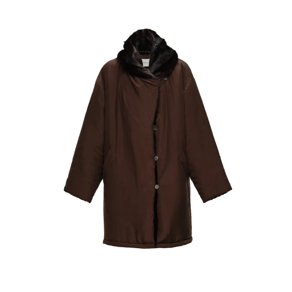 Magda Butrym Insulated silk coat with faux fur collar in brown