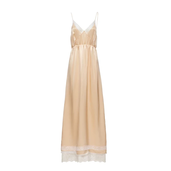 Lace-trim silk slip maxi dress in peach