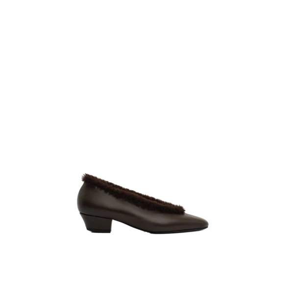 Leather ballerina heels with shearling trim in brown