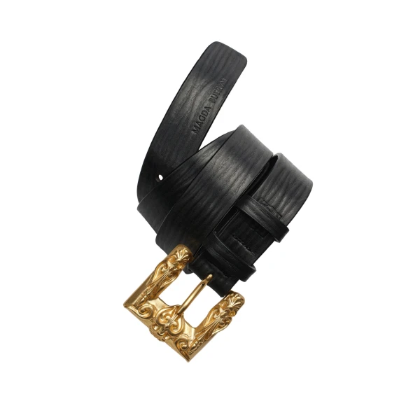 Leather belt with ornamental gold buckle in black - Image 2