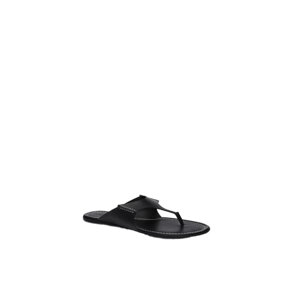 Leather thong flat sandals in black - Image 2