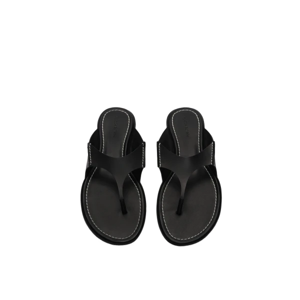 Leather thong flat sandals in black - Image 3