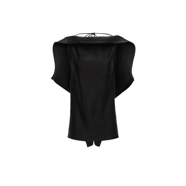 Longline silk draped blouse in black