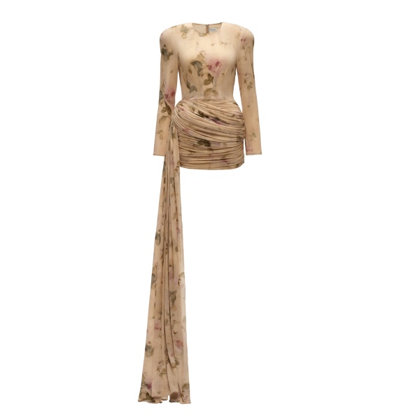 Magda Butrym Longsleeve sash mini dress in beige floral print