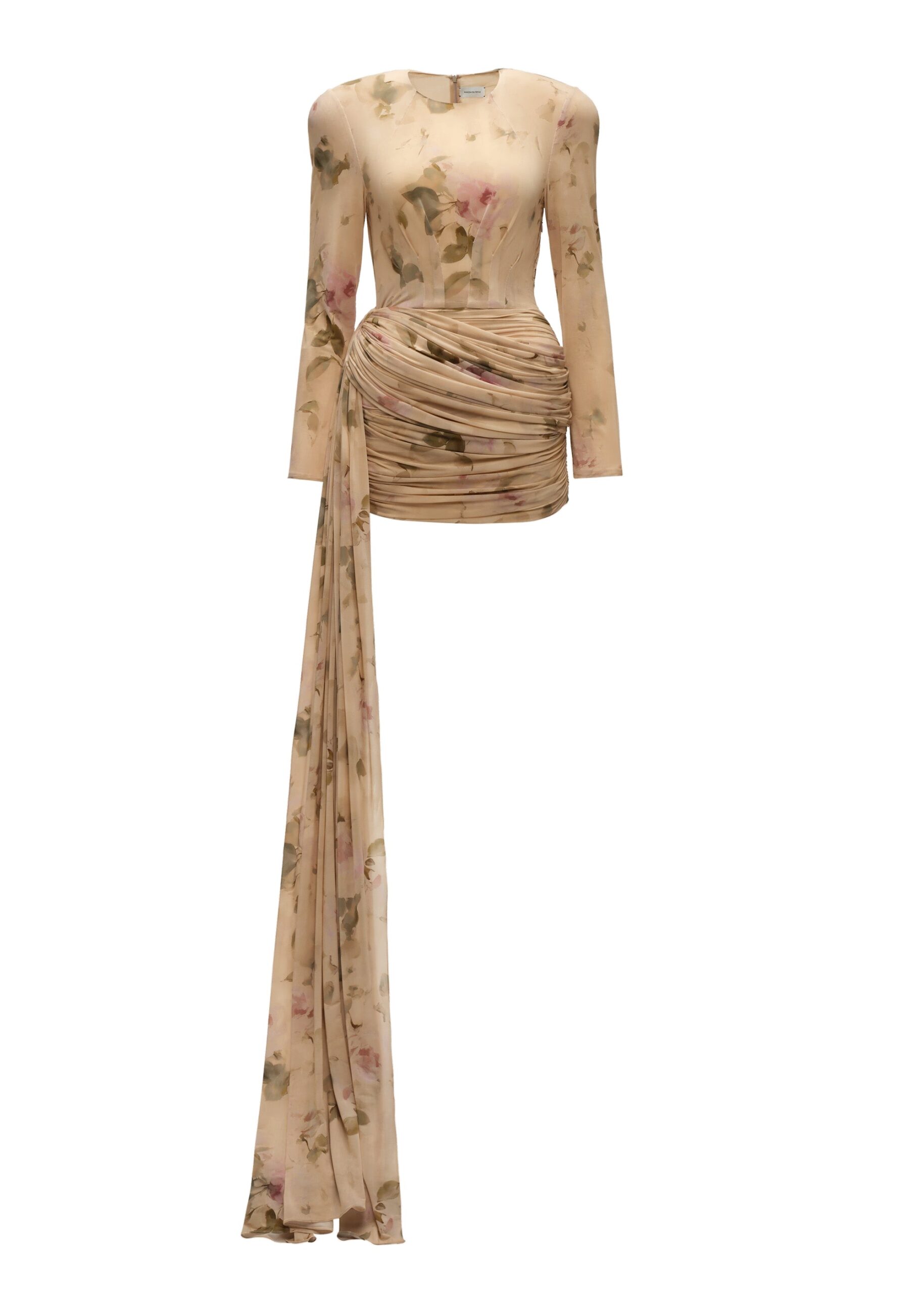 Magda Butrym Longsleeve sash mini dress in beige floral print | Luxury Shoes Magda Butrym Longsleeve sash mini dress in beige floral print