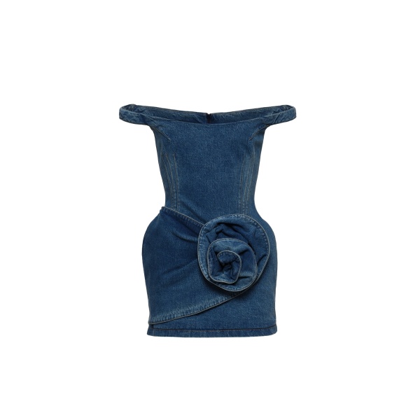 Magda Butrym Off-shoulder denim mini dress with sculpted flower in blue
