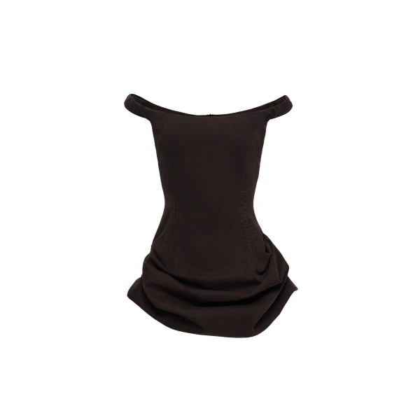 Off-shoulder fitted denim mini dress in brown
