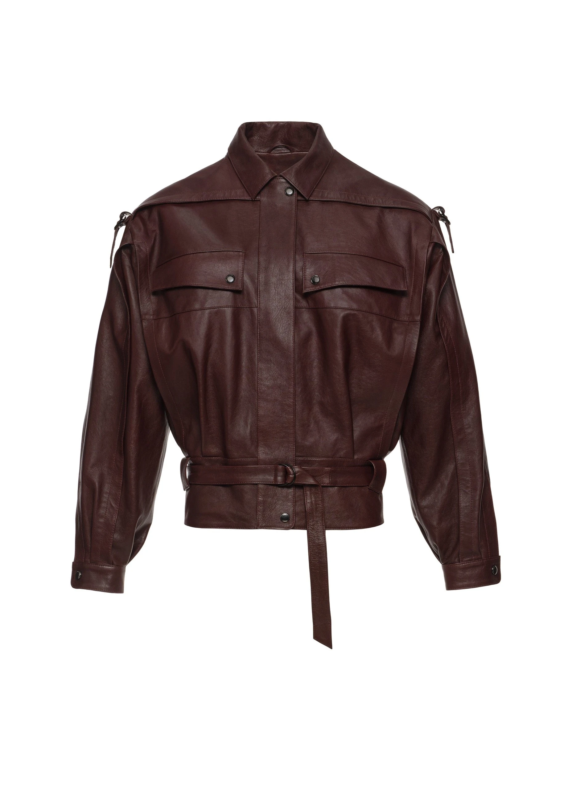 Magda Butrym Oversized belted leather jacket in burgundy | Luxury Shoes Magda Butrym Oversized belted leather jacket in burgundy