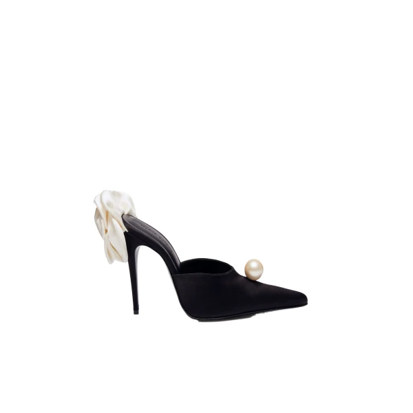 Pointed flower mules in black satin