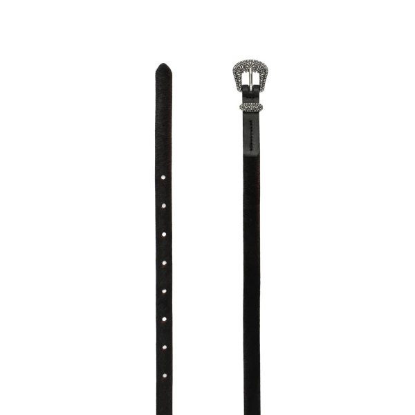 Pony hair leather belt with ornamental buckle in black