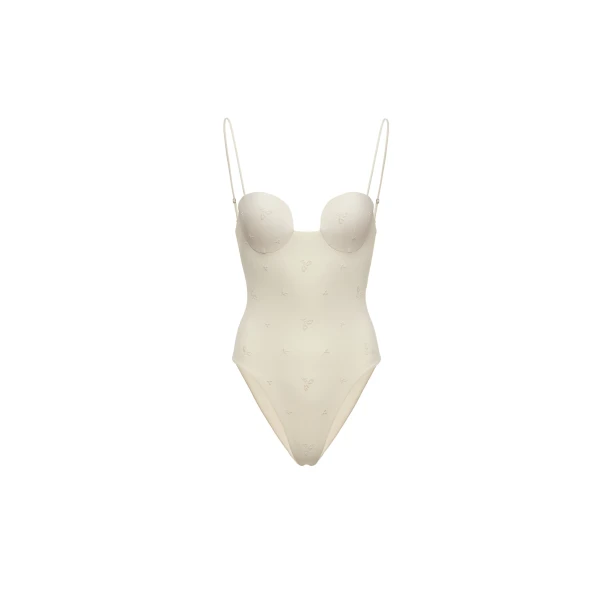 Magda Butrym Retro bustier swimsuit in cream with embroidered roses