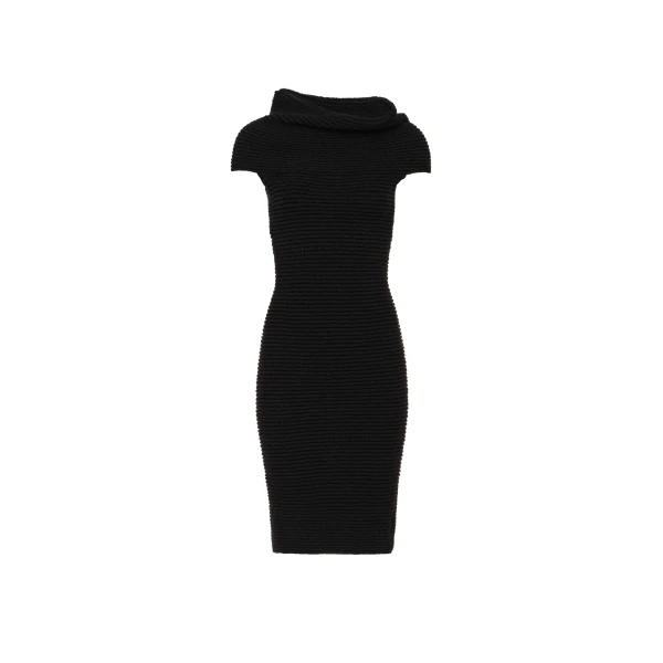 Ribbed cowl-neck knit dress in black