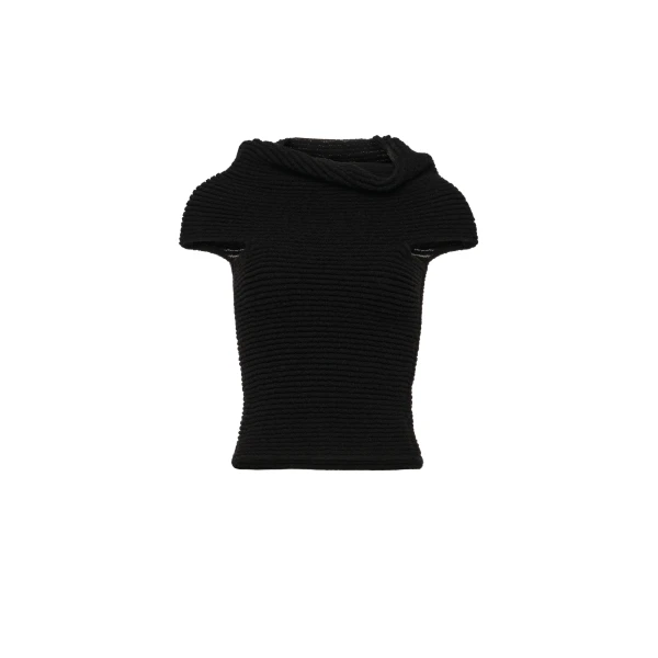 Ribbed cowl-neck knit top in black