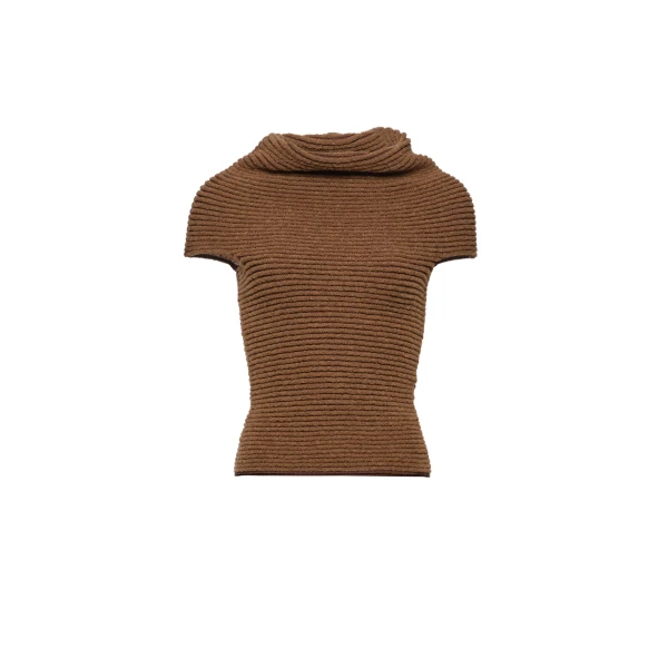Ribbed cowl-neck knit top in camel