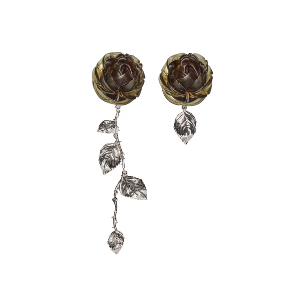 Rose asymmetric drop earrings in khaki and silver