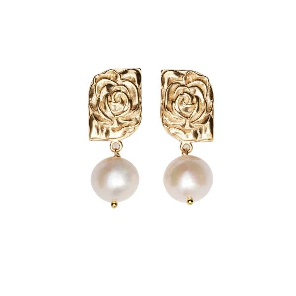 Rose-embossed pearl drop earrings in gold