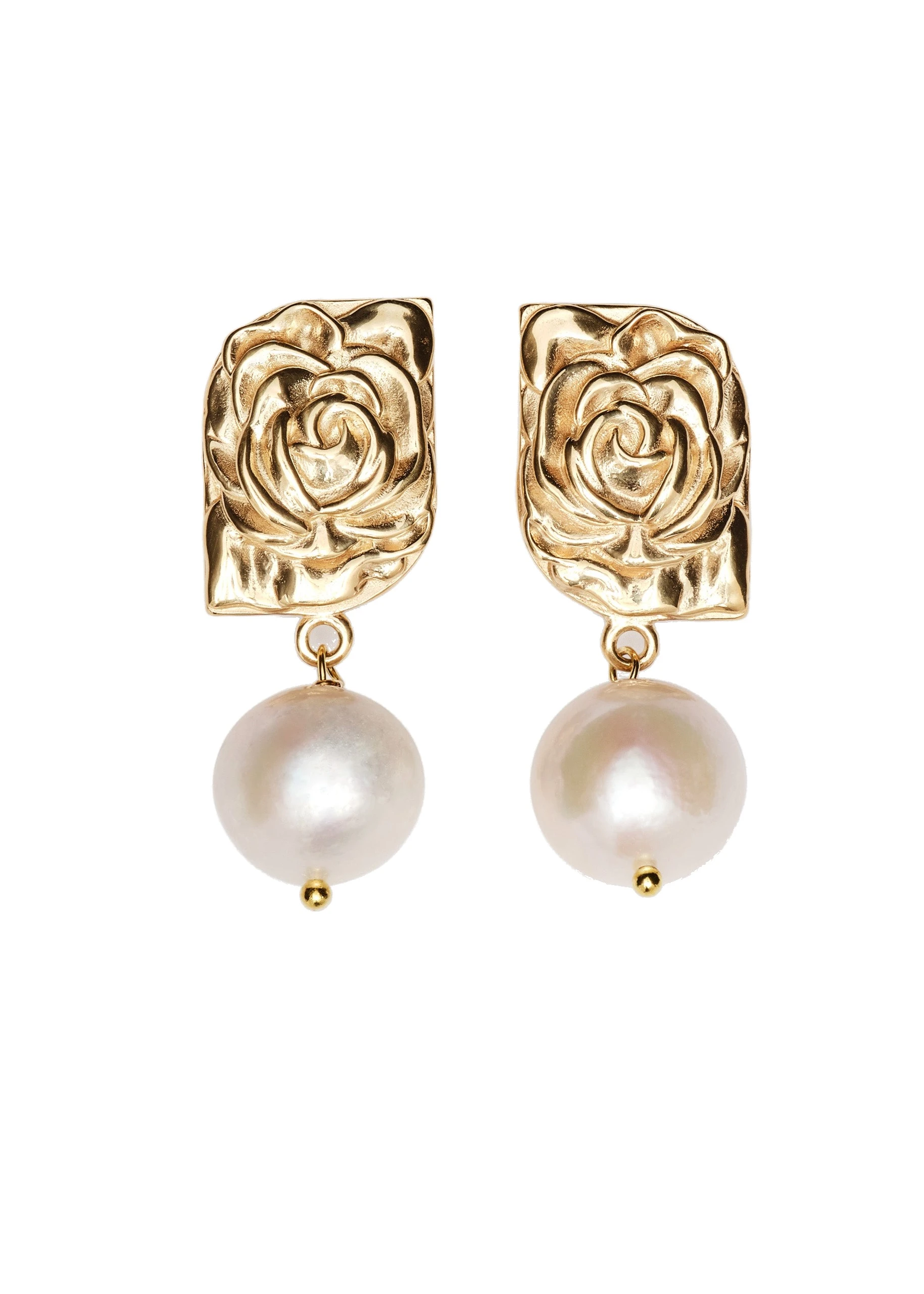 Magda Butrym Rose-embossed pearl drop earrings in gold | Luxury Shoes Magda Butrym Rose-embossed pearl drop earrings in gold