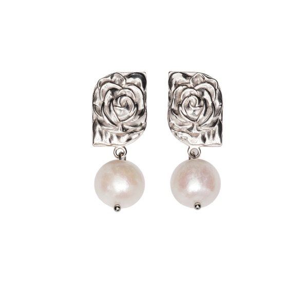 Magda Butrym Rose-embossed pearl drop earrings in silver