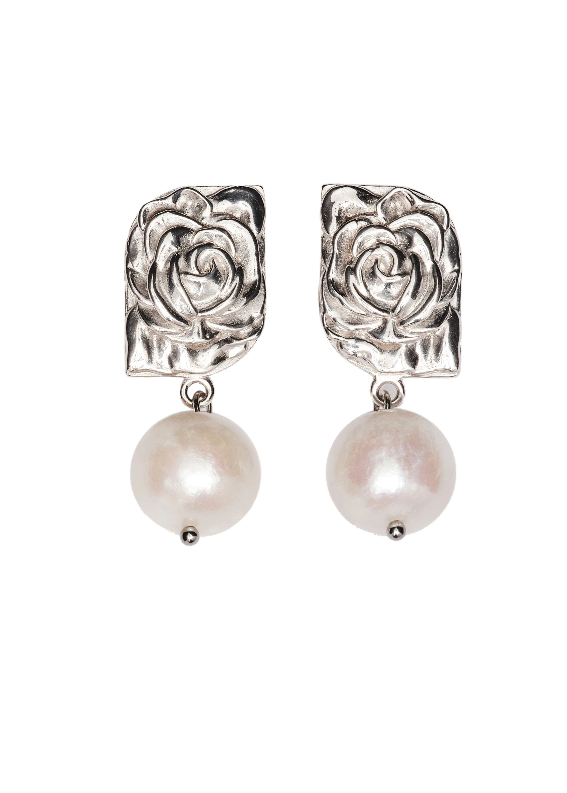 Magda Butrym Rose-embossed pearl drop earrings in silver | Luxury Shoes Magda Butrym Rose-embossed pearl drop earrings in silver