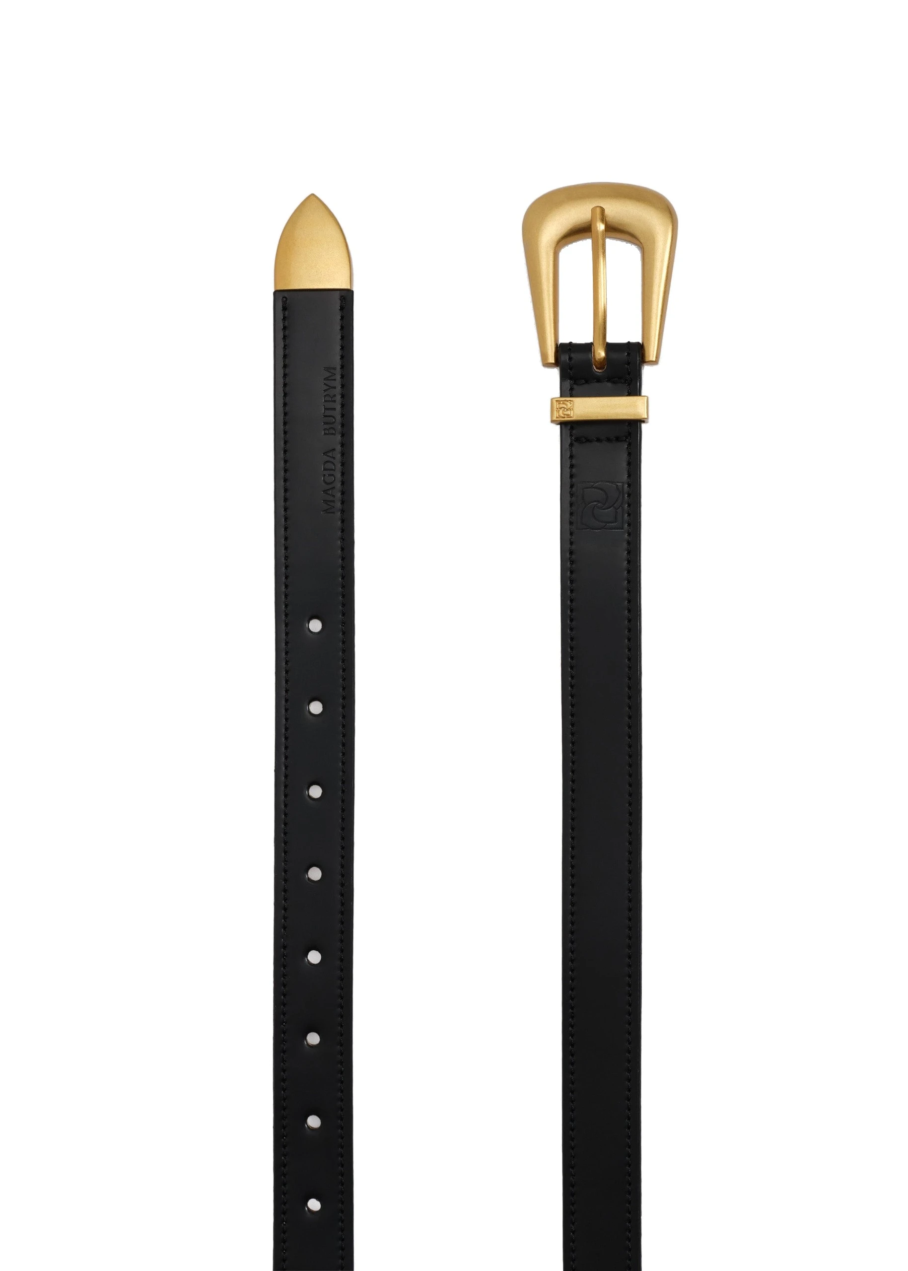 Magda Butrym Rounded buckle box leather belt in black and gold | Luxury Shoes Magda Butrym Rounded buckle box leather belt in black and gold