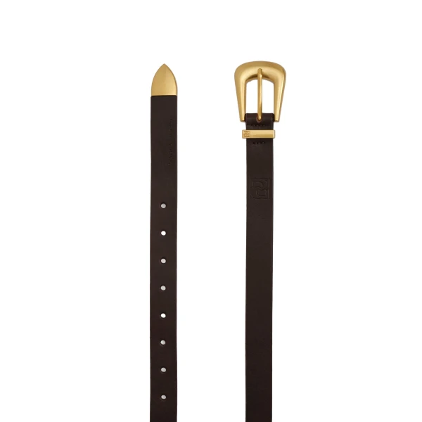 Rounded buckle leather belt in brown and gold