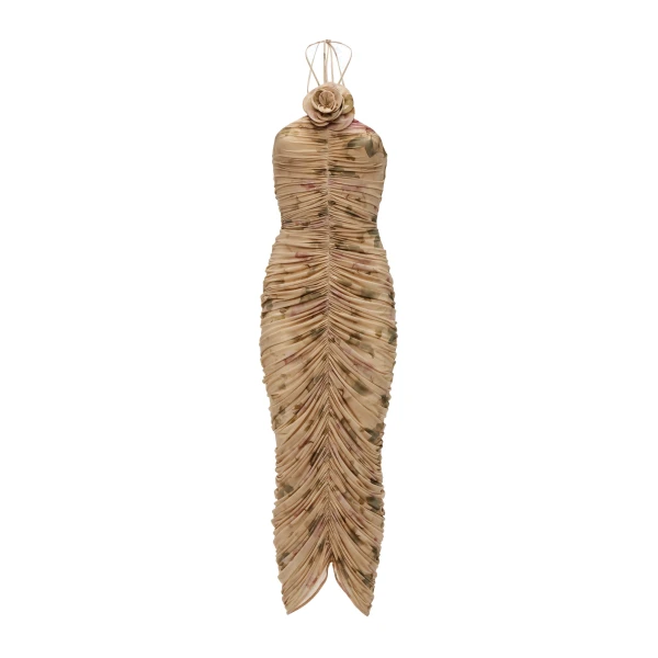 Ruched halterneck flower dress in beige floral print