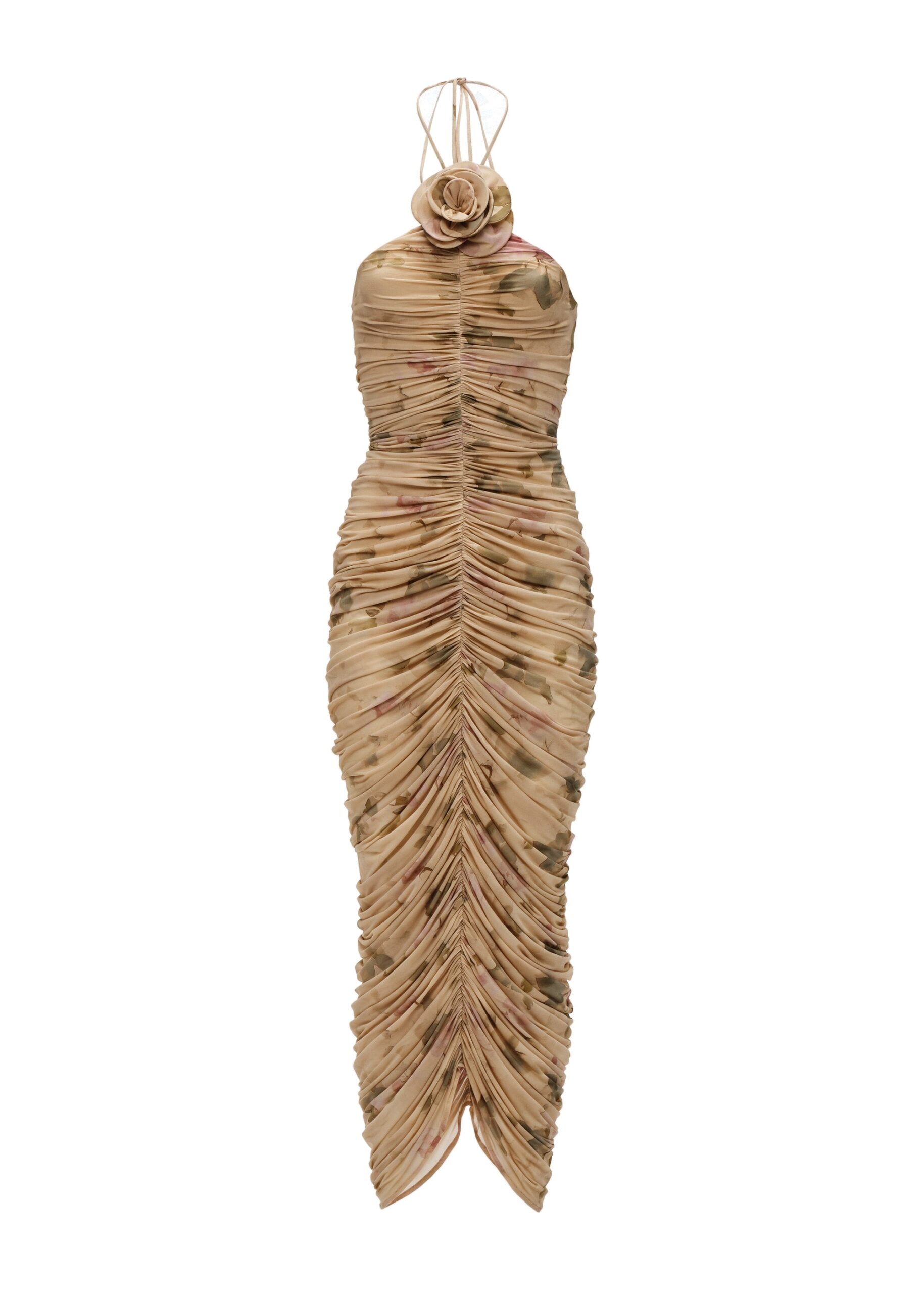 Magda Butrym Ruched halterneck flower dress in beige floral print | Luxury Shoes Magda Butrym Ruched halterneck flower dress in beige floral print