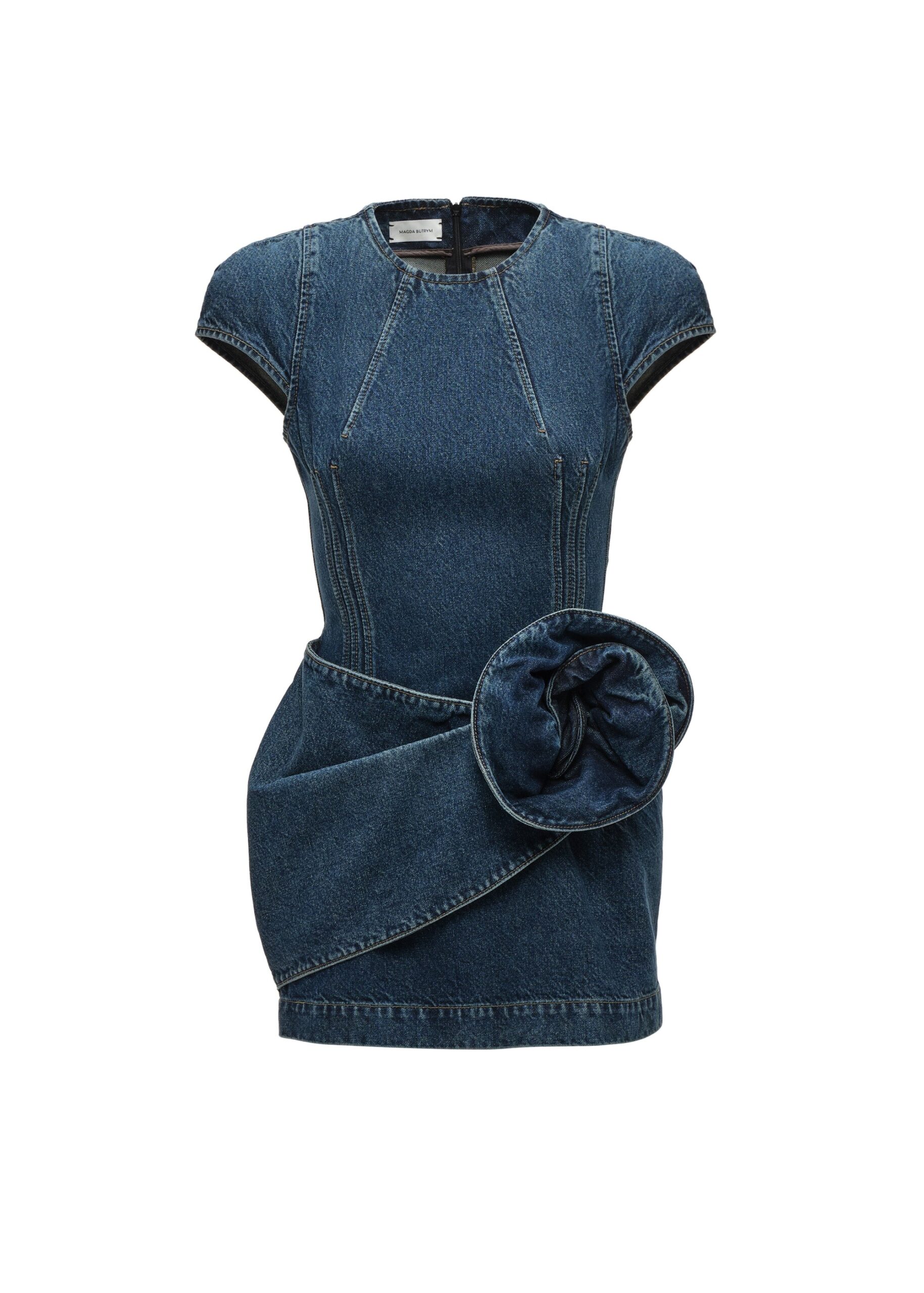 Magda Butrym Short-sleeve denim mini dress with sculpted flower in blue | Luxury Shoes Magda Butrym Short-sleeve denim mini dress with sculpted flower in blue