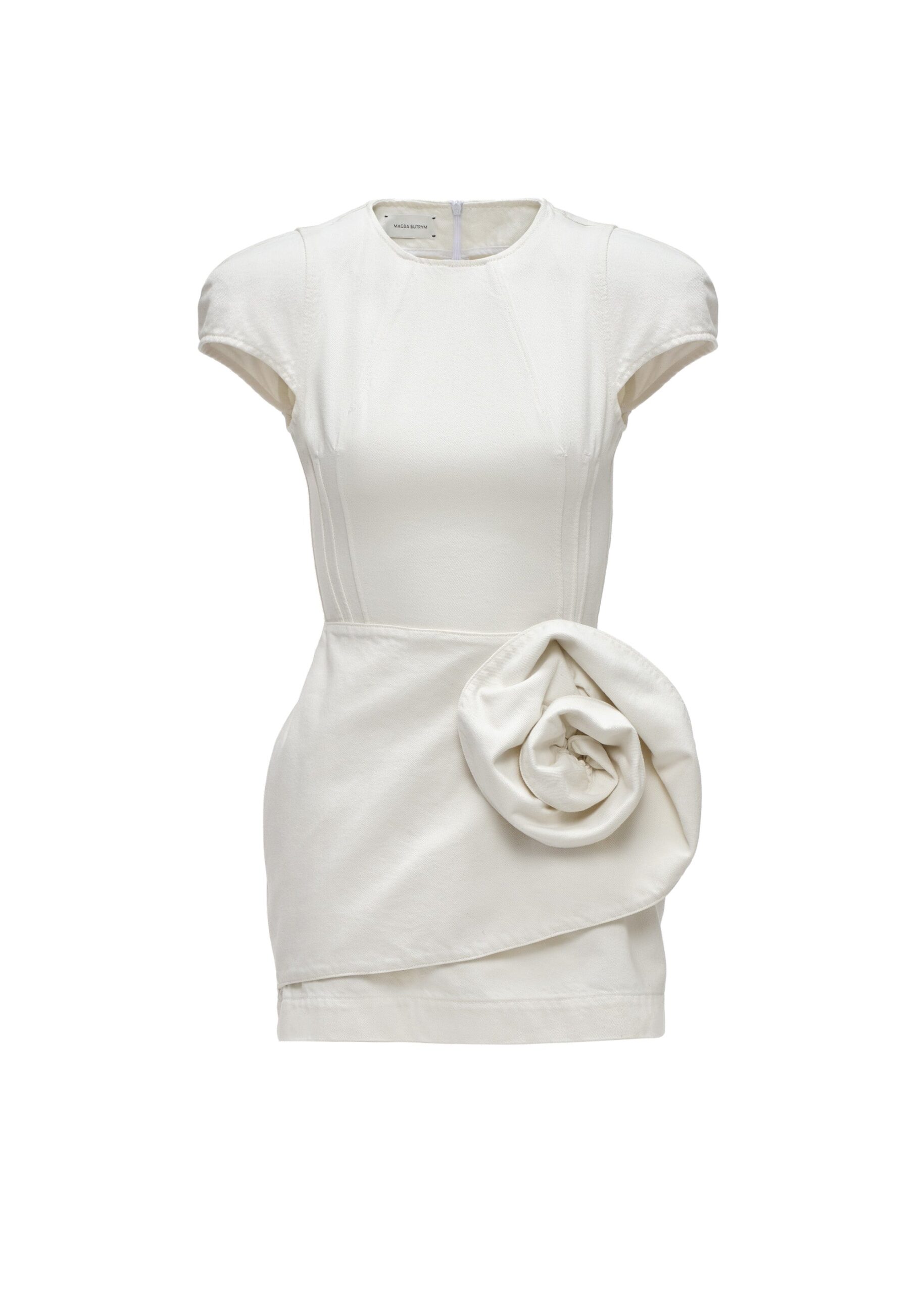 Magda Butrym Short-sleeve denim mini dress with sculpted flower in cream | Luxury Shoes Magda Butrym Short-sleeve denim mini dress with sculpted flower in cream