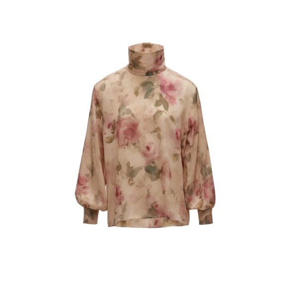 Silk floral high-neck blouse in beige print