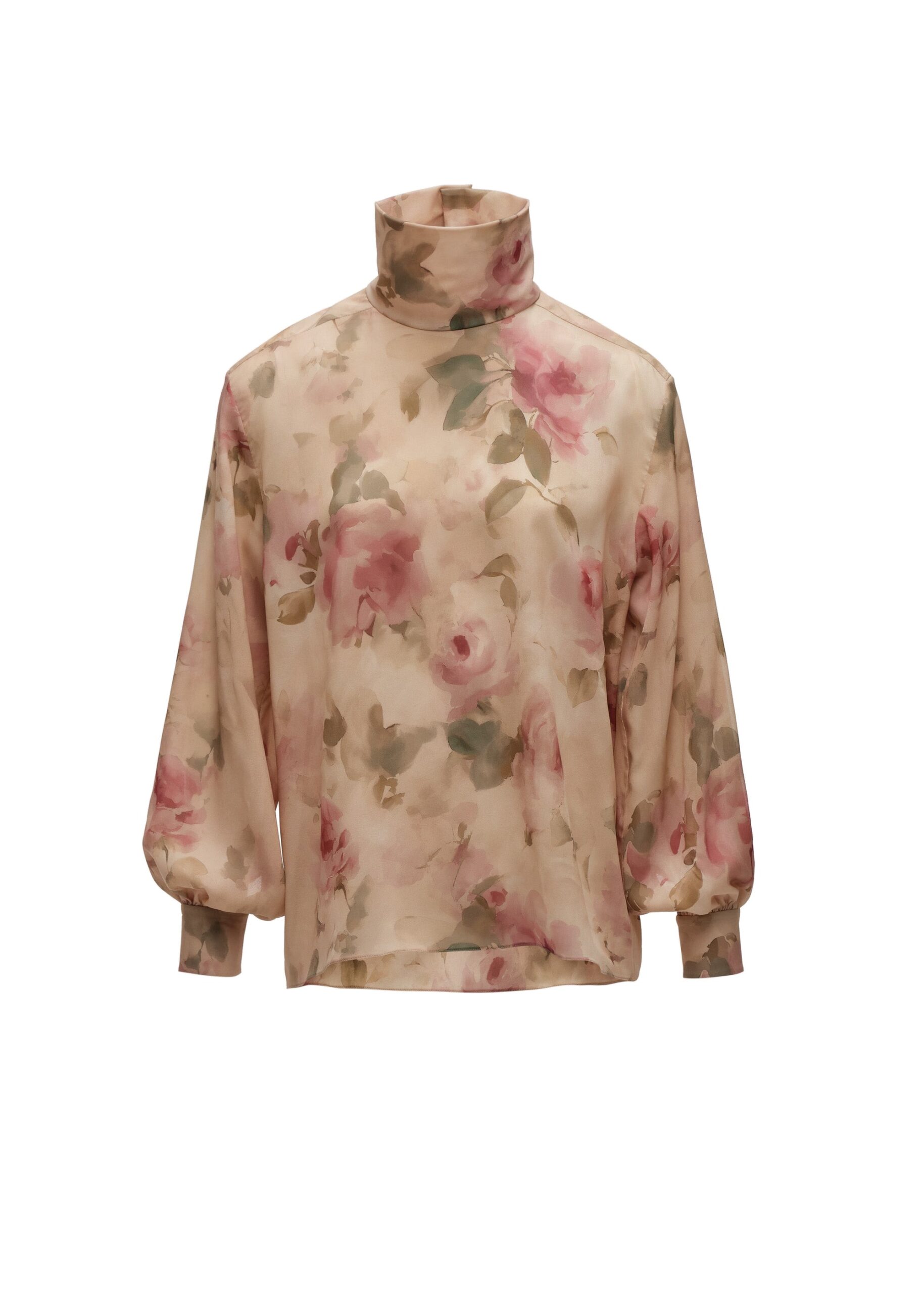 Magda Butrym Silk floral high-neck blouse in beige print | Luxury Shoes Magda Butrym Silk floral high-neck blouse in beige print