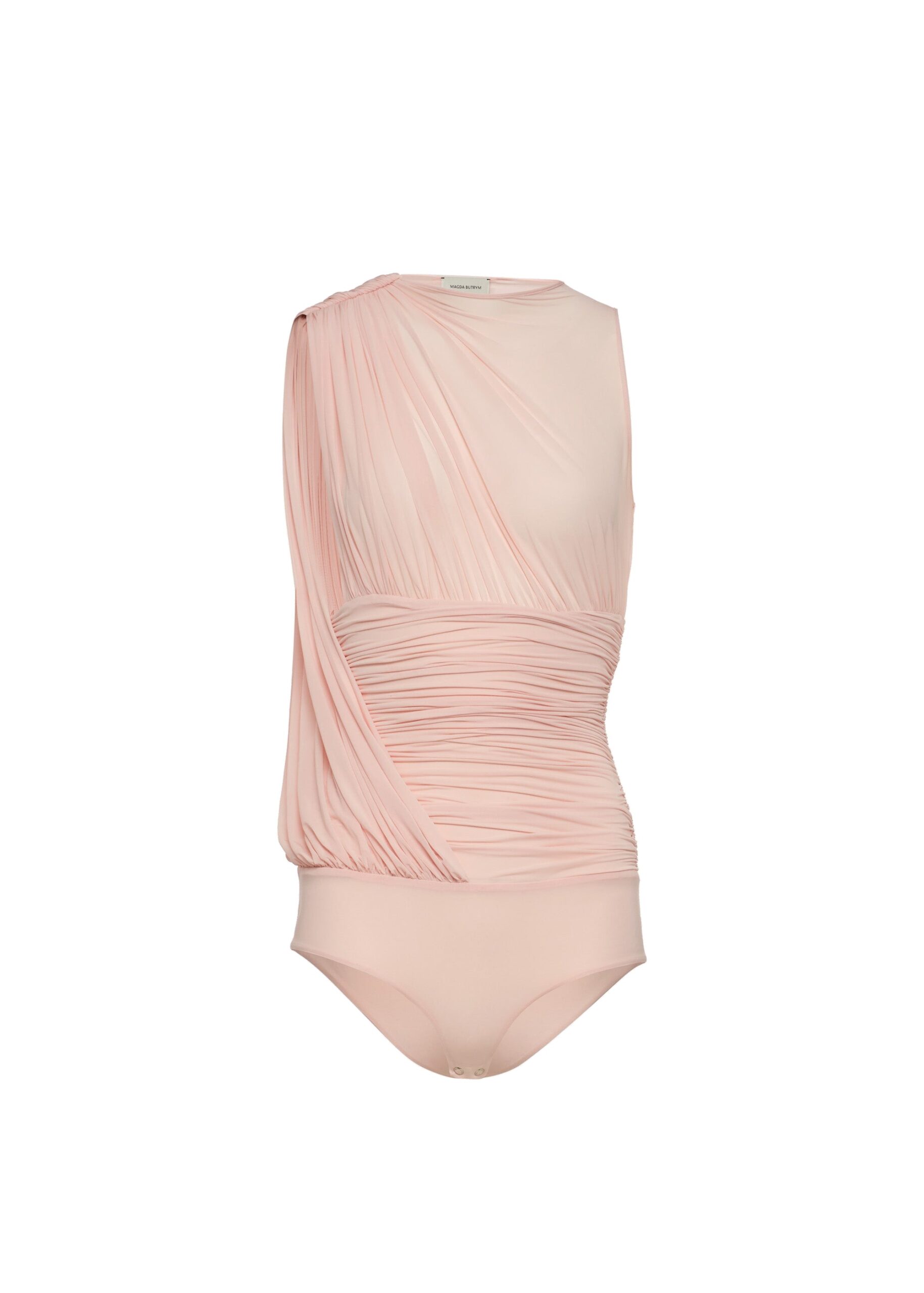 Magda Butrym Sleeveless ruched bodysuit with draped shoulder detail in pink | Luxury Shoes Magda Butrym Sleeveless ruched bodysuit with draped shoulder detail in pink