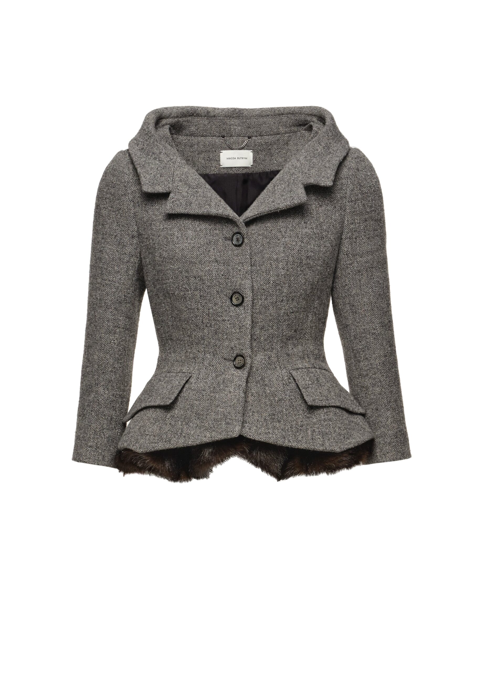 Magda Butrym Tailored blazer with faux fur peplum in grey | Luxury Shoes Magda Butrym Tailored blazer with faux fur peplum in grey