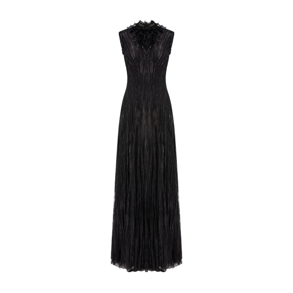 Marmar Halim High-Neck Pleated Lace Dress With Embroidered Detail