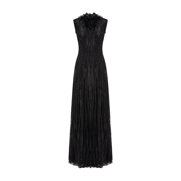 High-Neck Pleated Lace Dress With Embroidered Detail