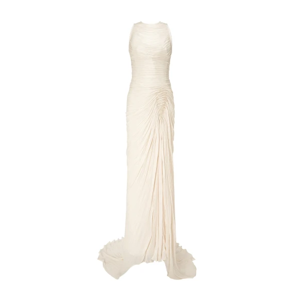 Marmar Halim High-Neck Pleated Satin Dress